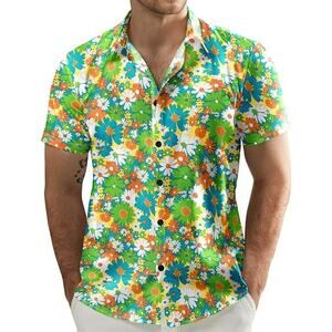 JOGAL Colorful 100% Cotton Button Down Short Sleeve Hawaiian Retro Shirt Men's M